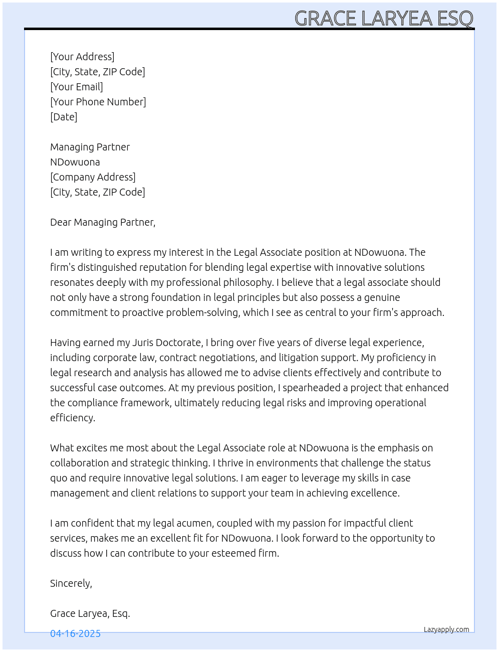 Legal Associate At NDowuona Cover Letter