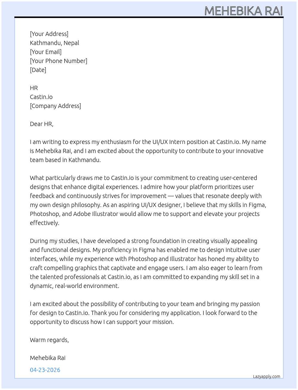 Cover letter for ui ux intern - LazyApply