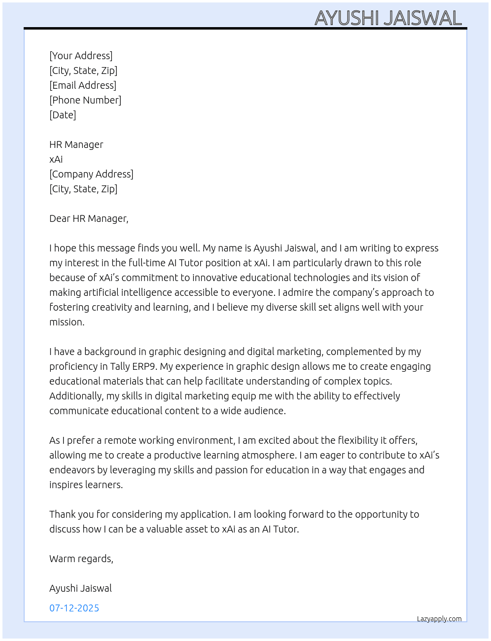 AI tutor At xAi Cover Letter