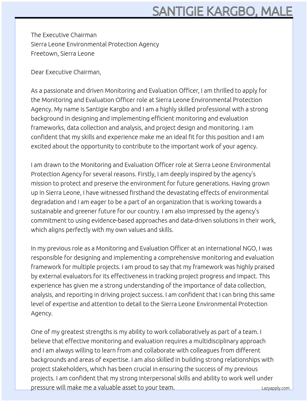 Monitoring and Evaluation Officer At Sierra Leone Environmental Protection Agency Cover Letter
