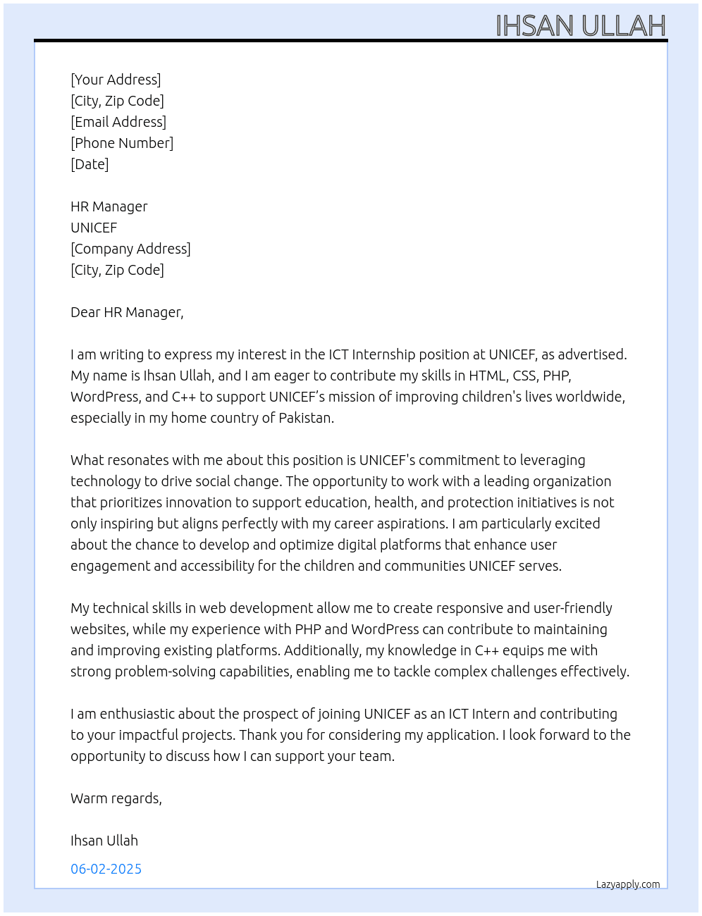 Cover letter for ict - LazyApply