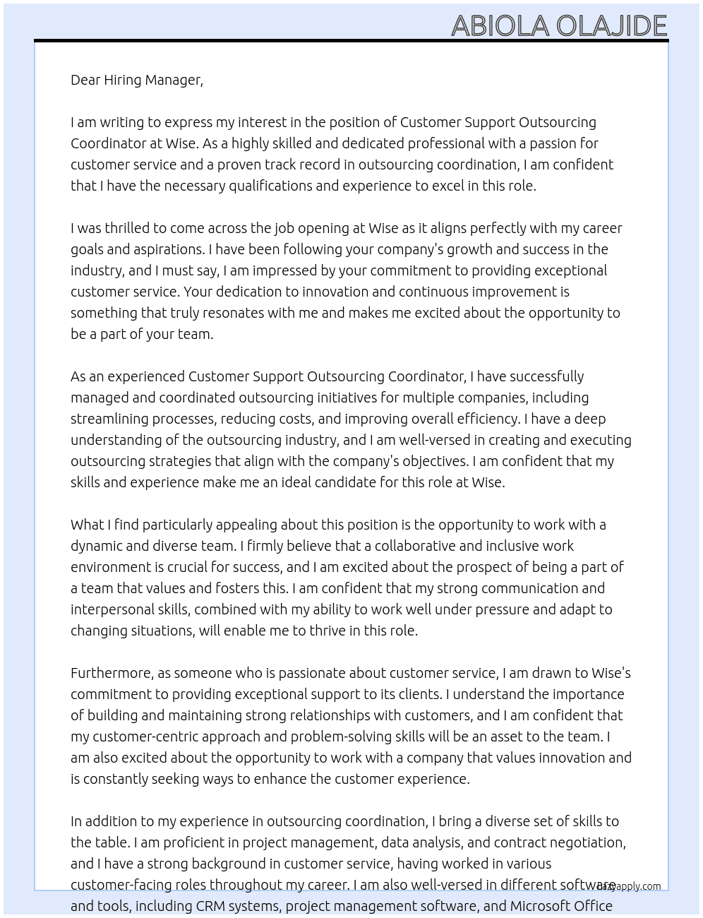 Cover letter for customer support outsourcing coordinator - LazyApply