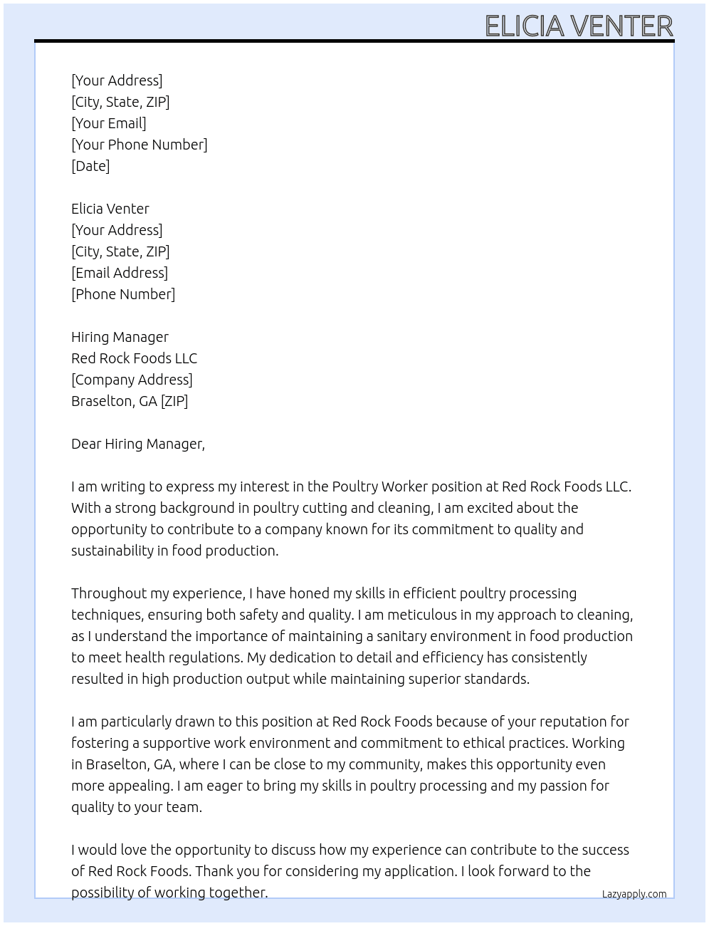 Poultry Worker At Red Rock Foods LLC Cover Letter
