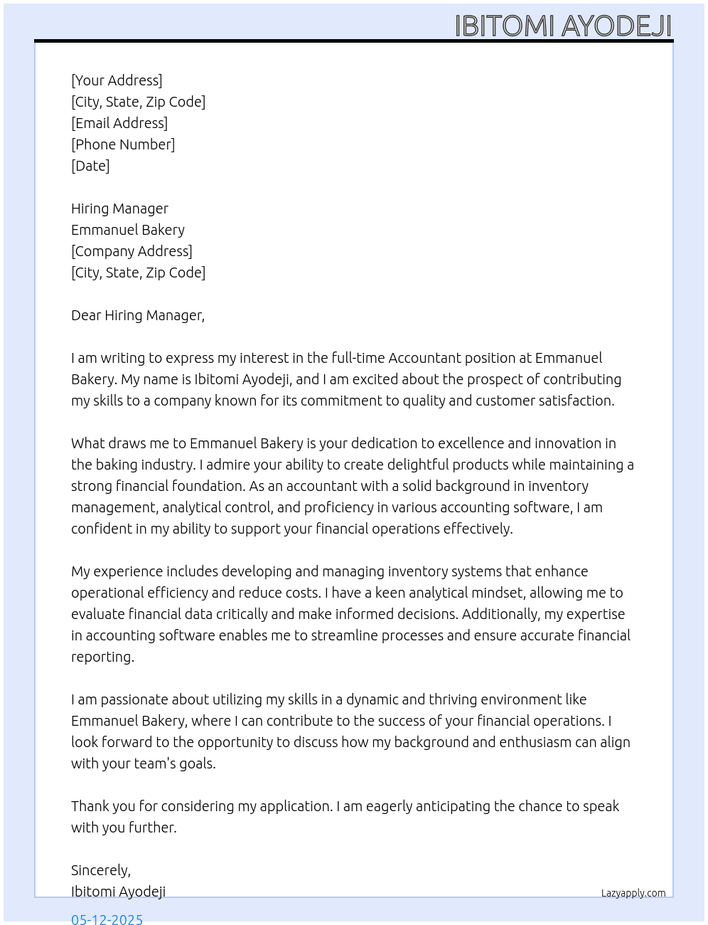 Accountant At Emmanuel bakery Cover Letter