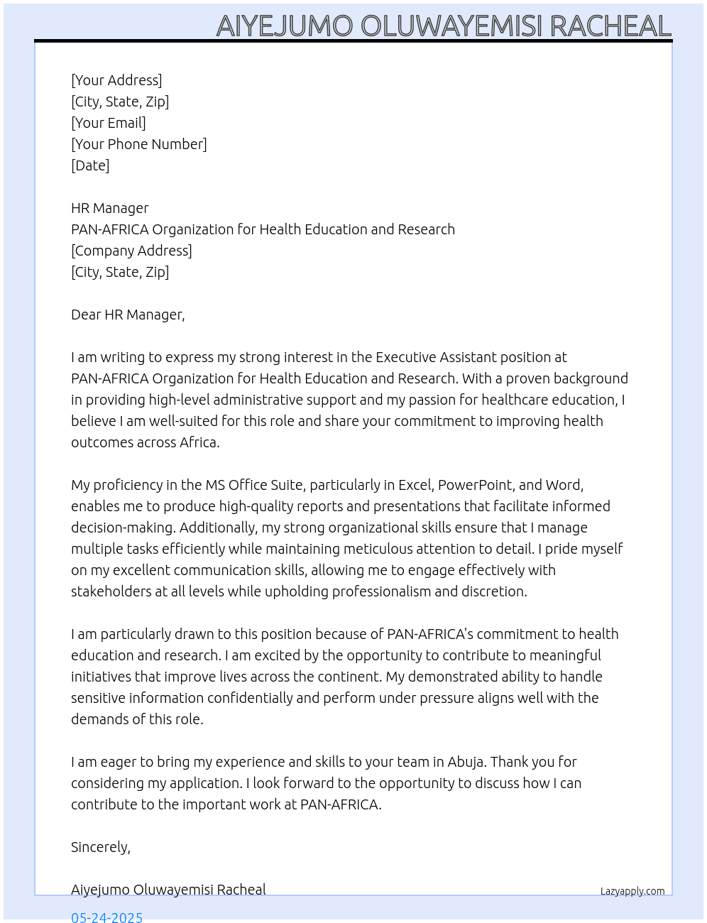 Executive Assistant  At PAN-AFRICA Organization for health education and Research  Cover Letter