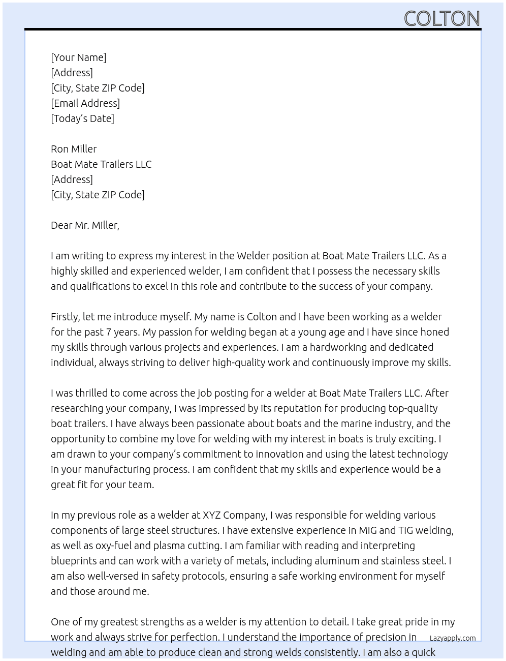 welder  At Boat Mate Trailers llc  Cover Letter