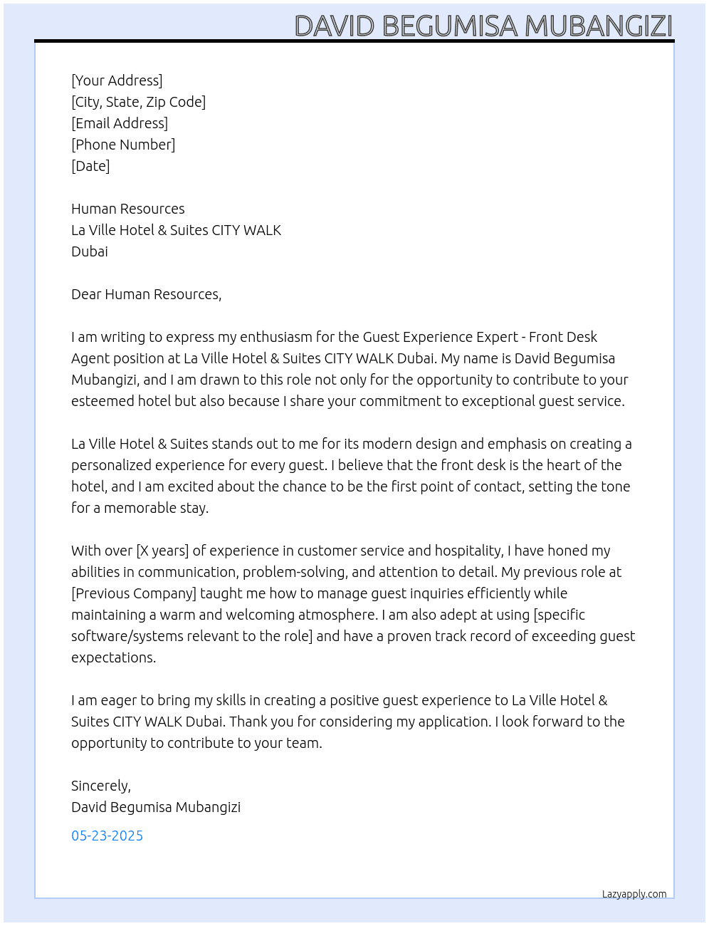 Cover letter for guest experience expert - front desk agent - LazyApply