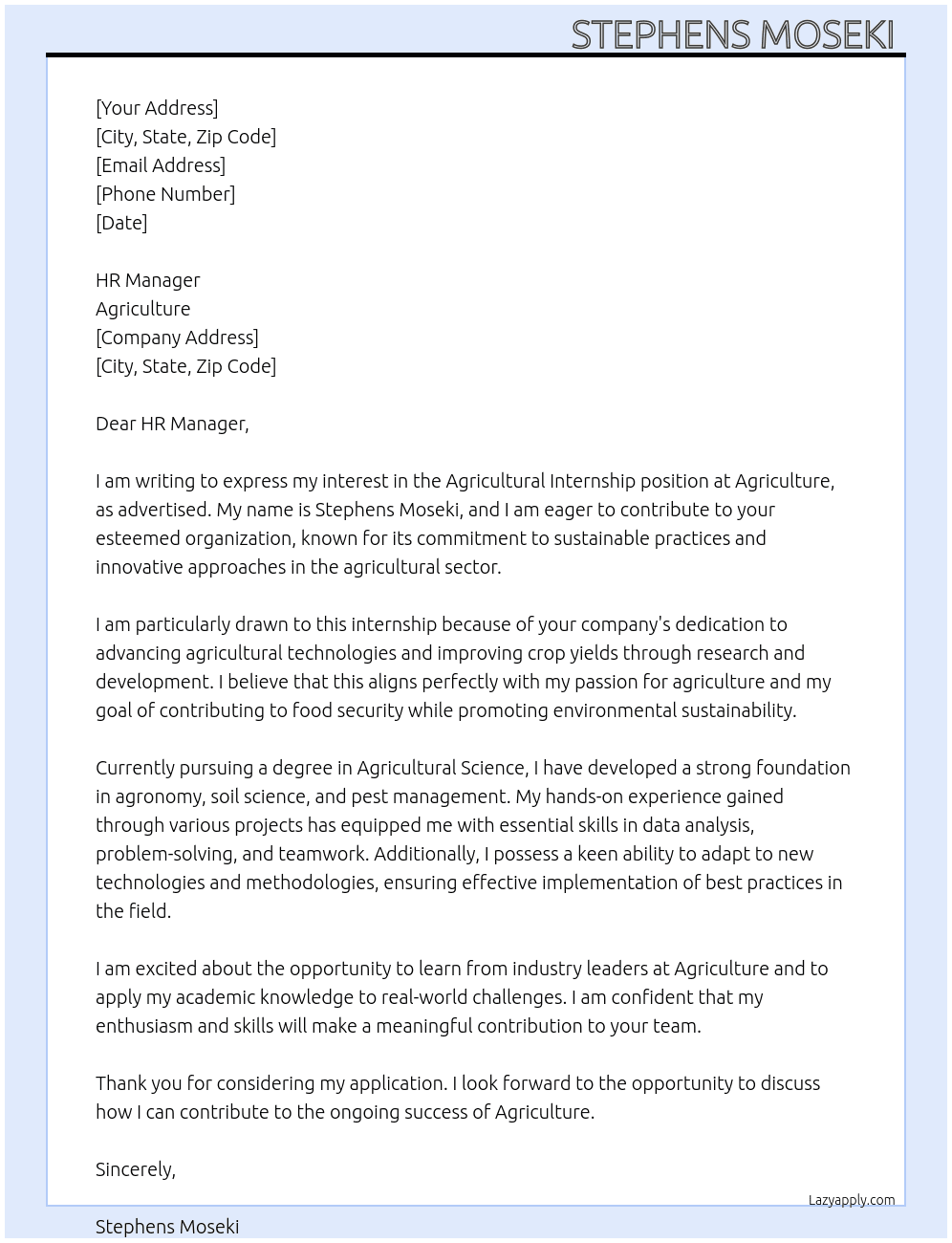 Agricultural internship At Agriculture  Cover Letter