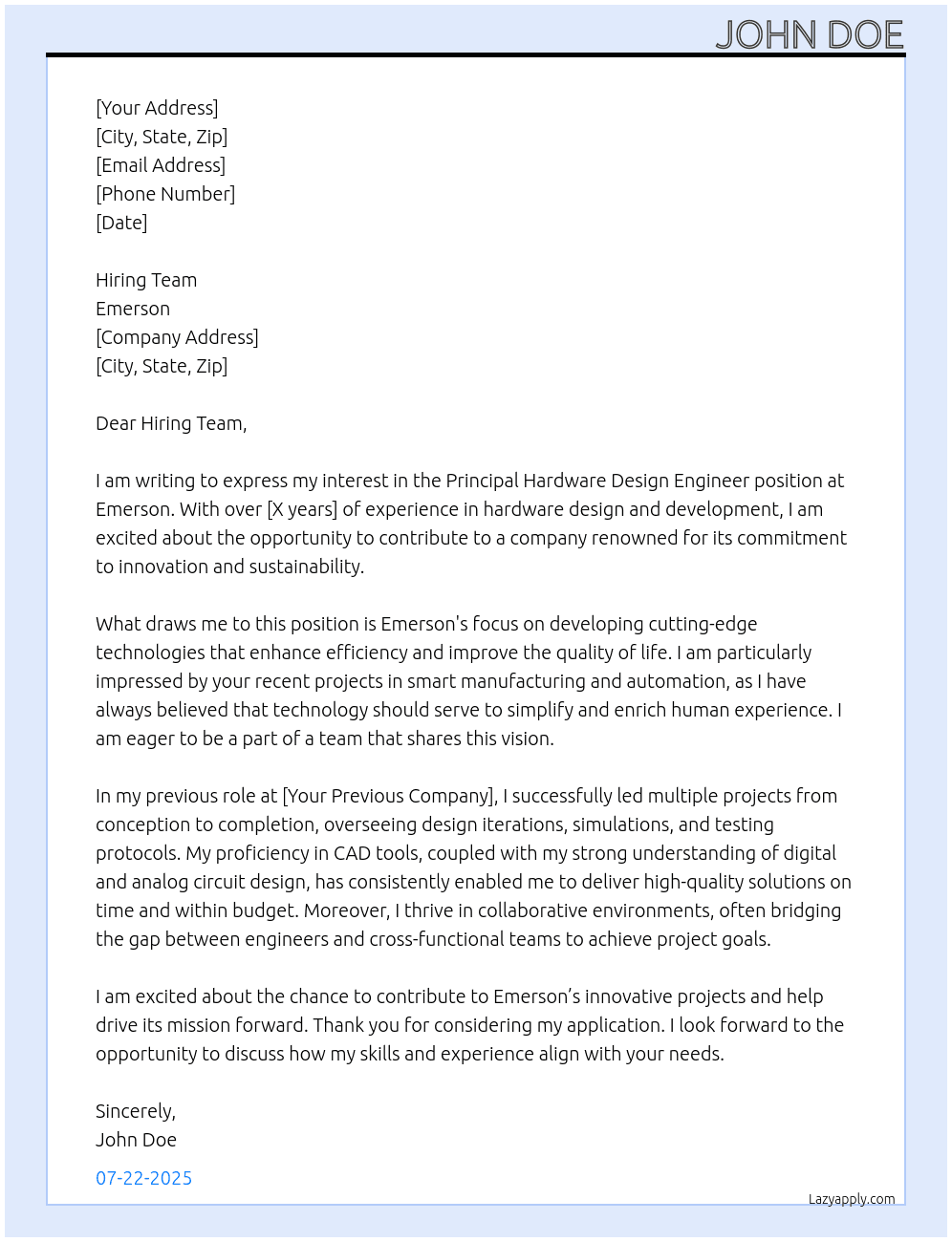 Principal Hardware Design Engineer At Emerson Cover Letter