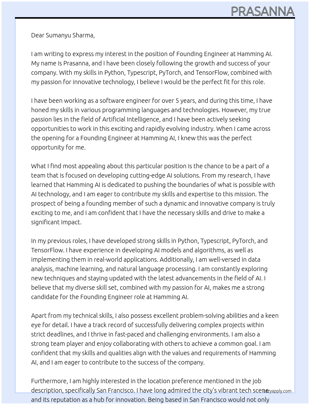 Founding Engineer At Hamming AI Cover Letter