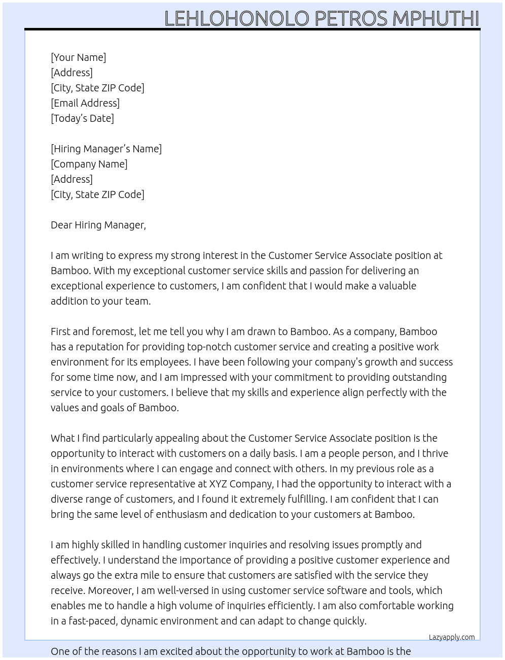 Customer Service Associate At Bamboo  Cover Letter