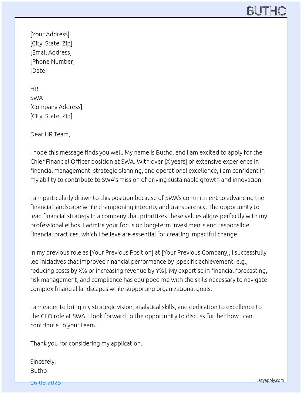 cfo At swa Cover Letter