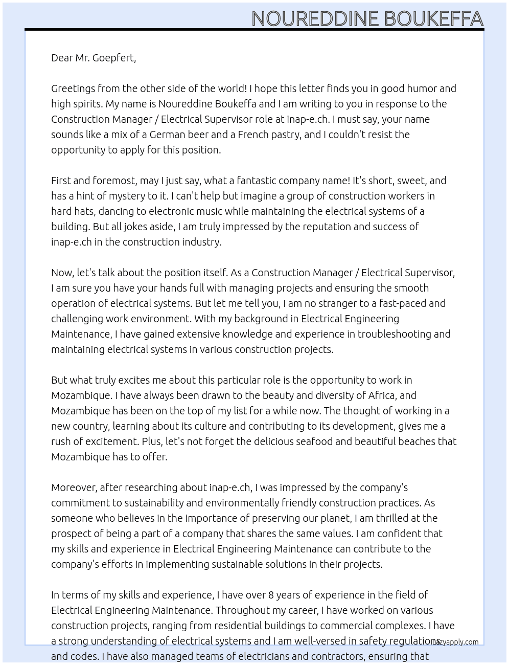 Cover letter for construction manager / electrical supervisor - LazyApply