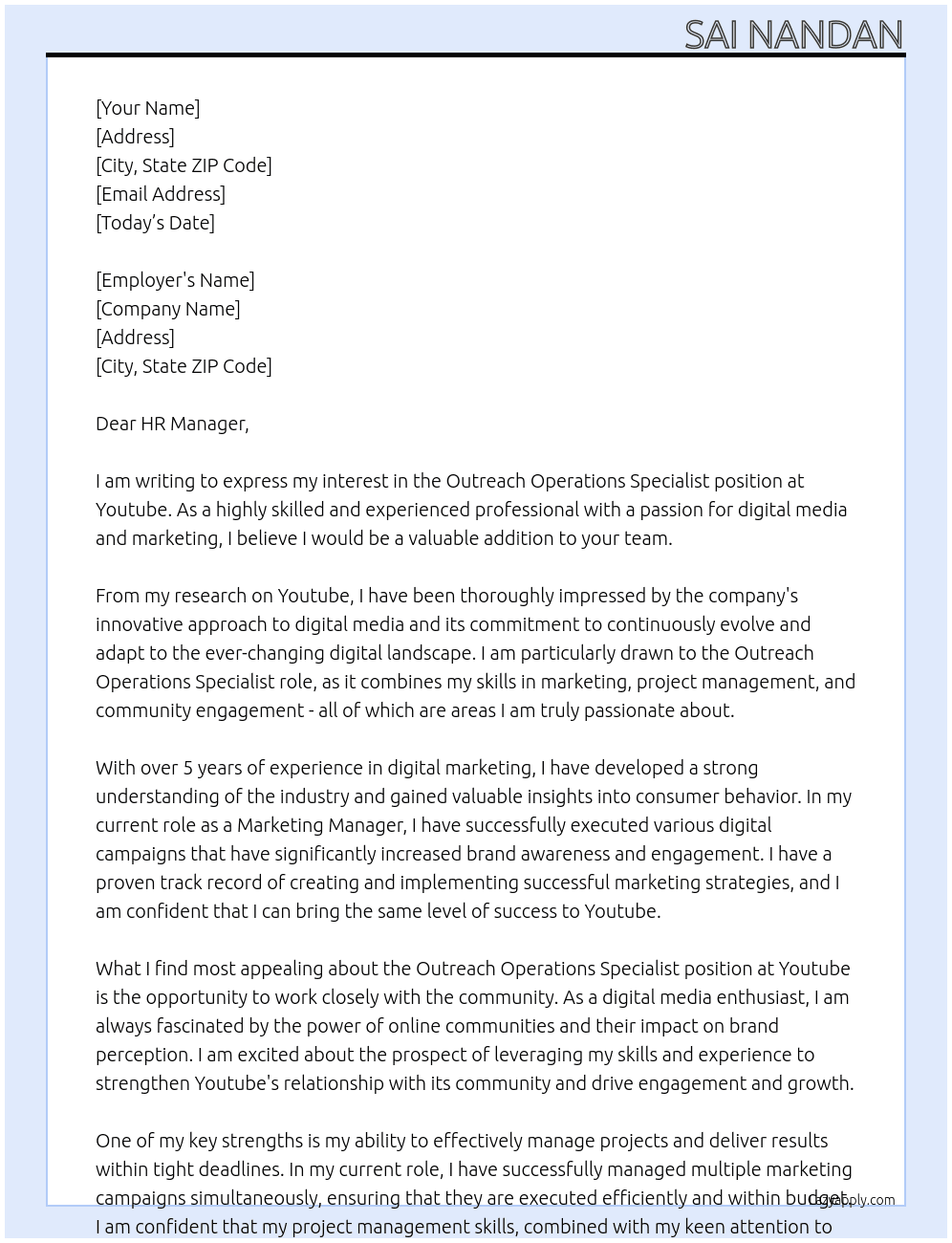Outreach Operations Specialist At Youtube Cover Letter