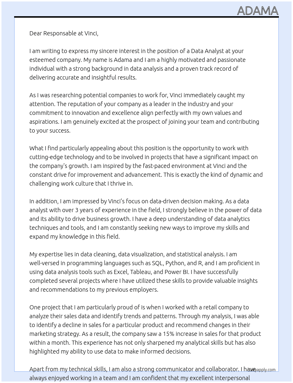 data analyst At vinci Cover Letter