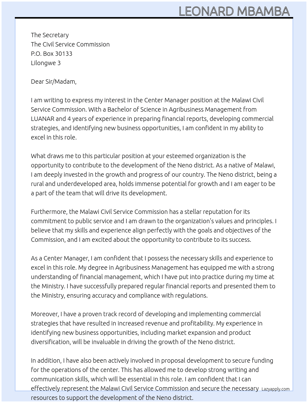 Center Manager  At Malawi Civil Service Commission  Cover Letter