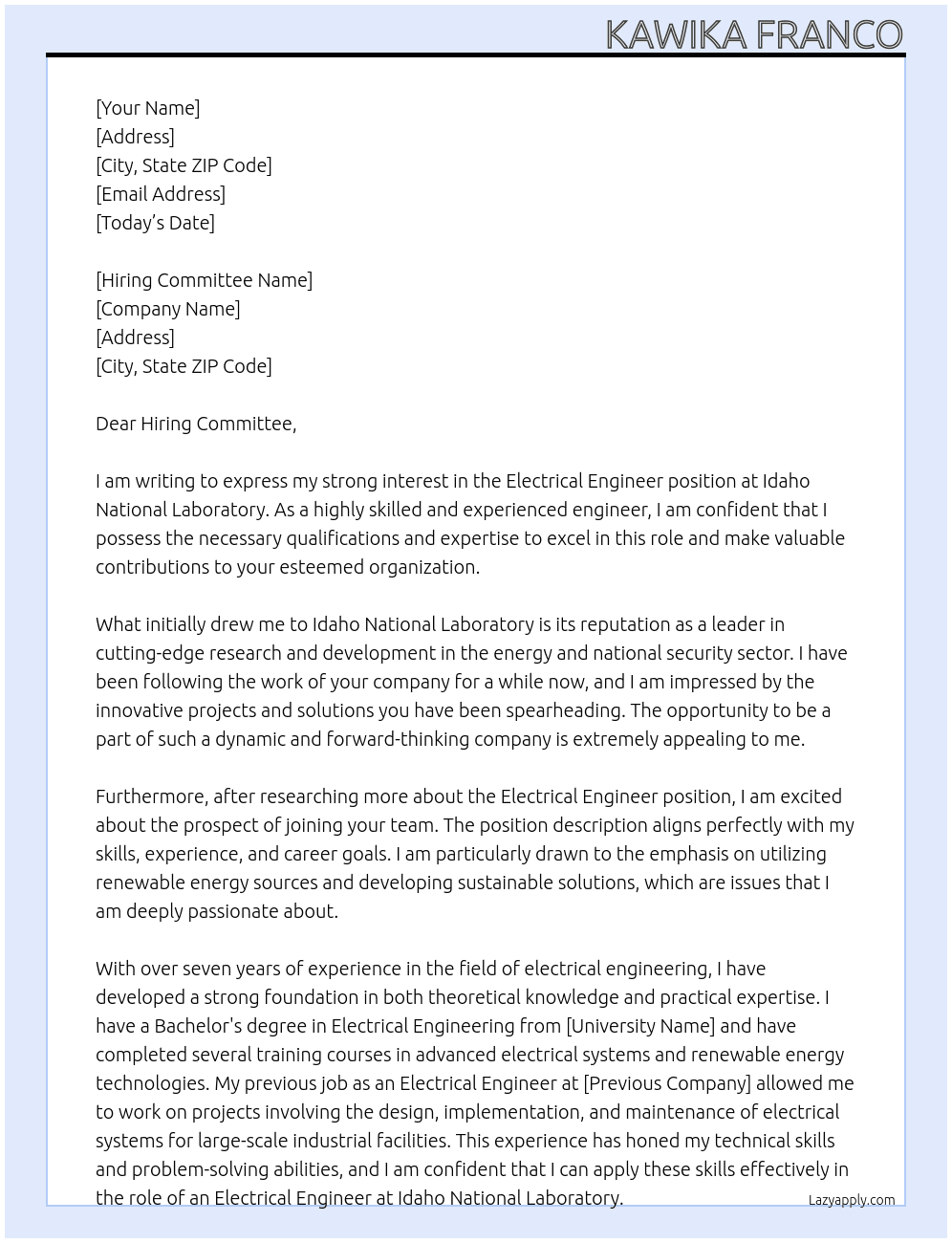 Electrical Engineer At Idaho National Laboratory Cover Letter