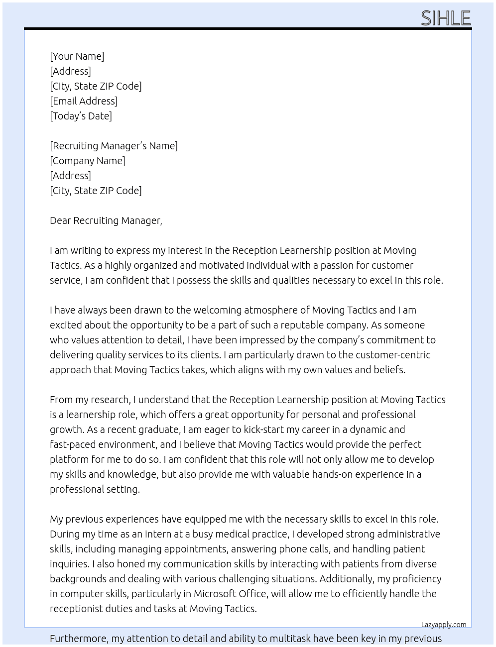 Reception learnership At Moving tactics Cover Letter
