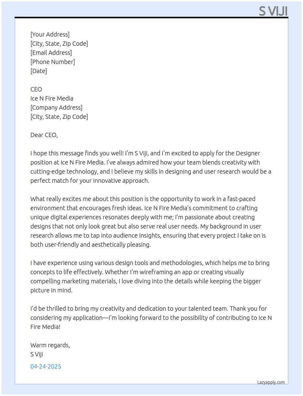 Designer At Ice N fire Media  Cover Letter
