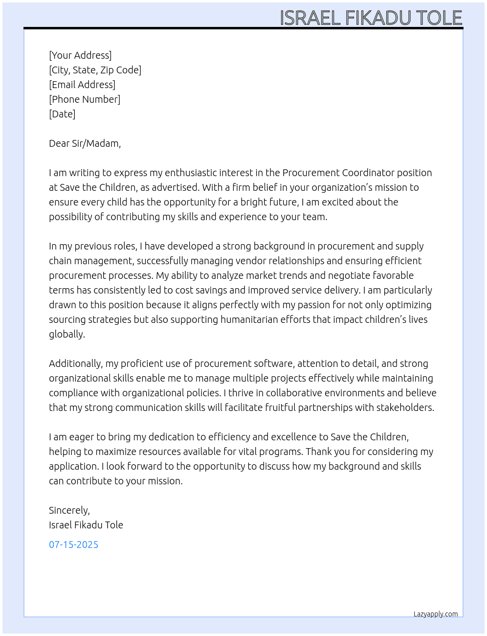 Cover letter for procurement coordinator - LazyApply