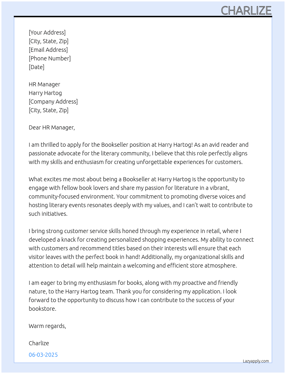 Bookseller At Harry Hartog Cover Letter