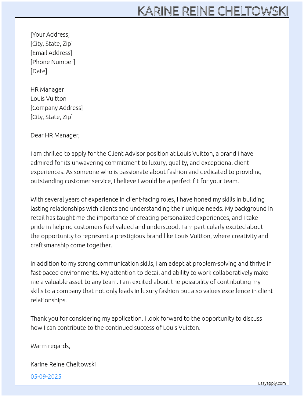 Client Advisor At Louis Vuitton Cover Letter