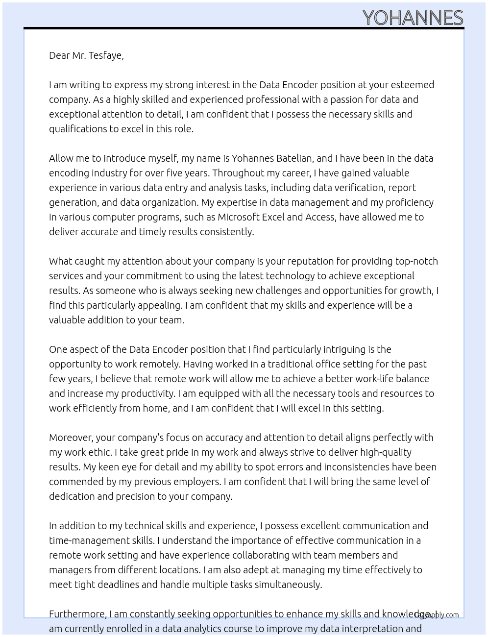 Data Encoder At Tesfaye Cover Letter