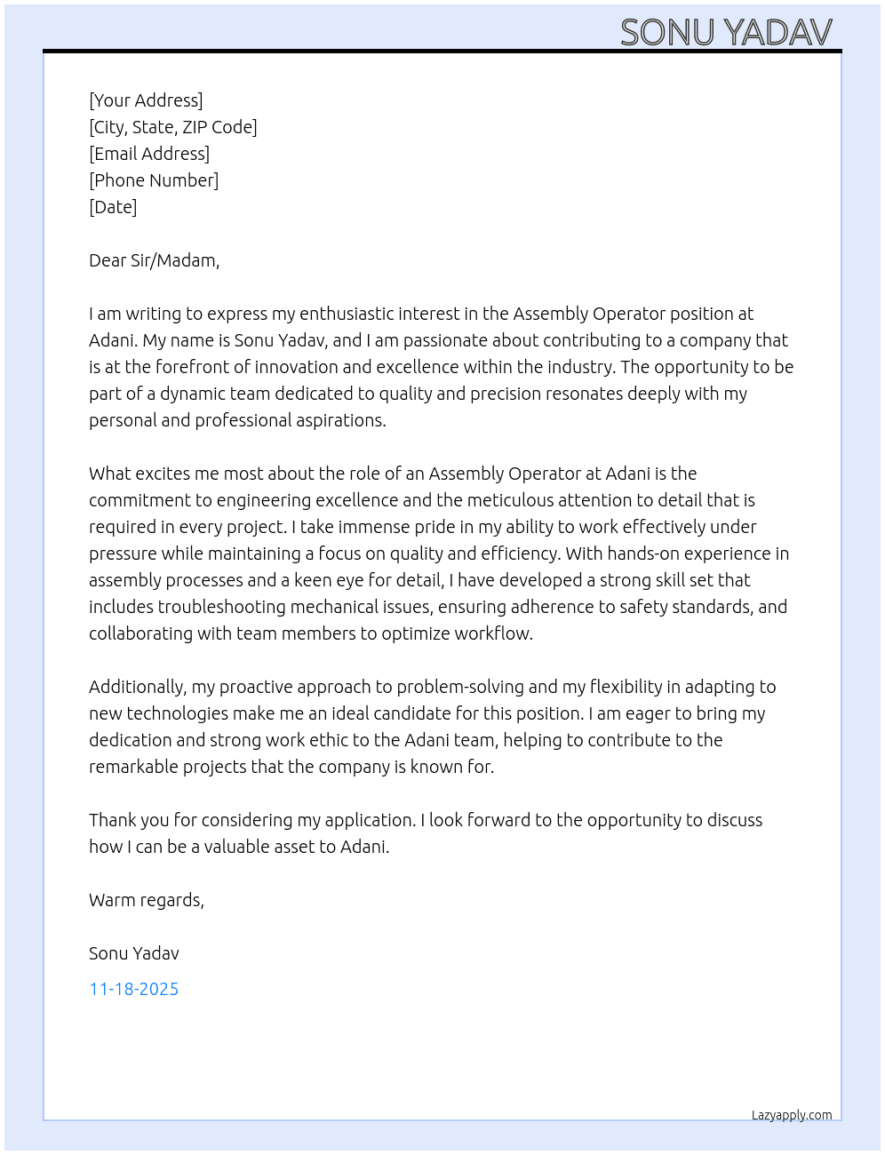 Cover letter for assembly operators - LazyApply