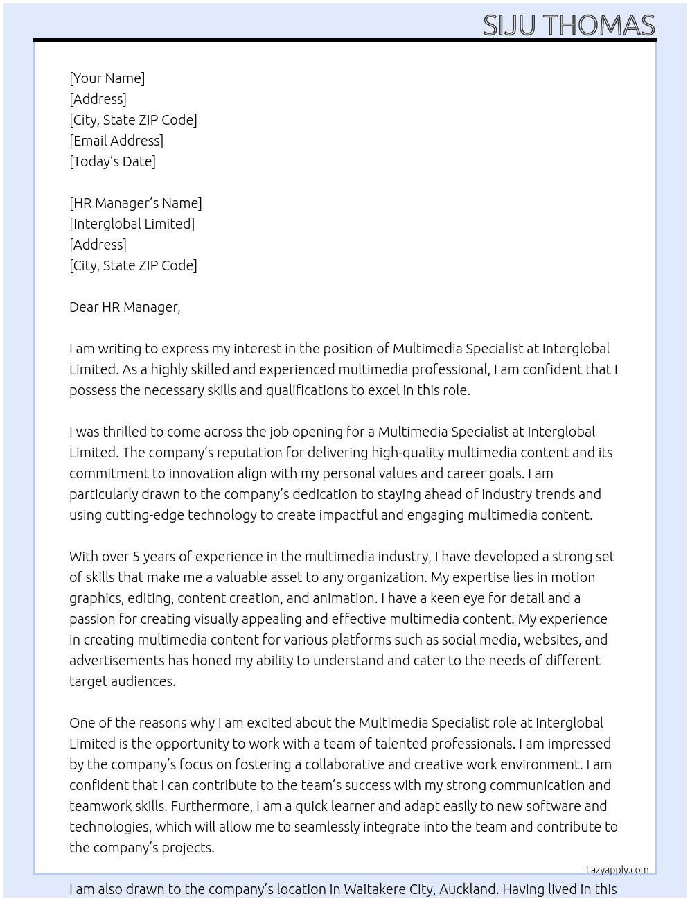 Multimedia Specialist At INTERGLOBAL Limited Cover Letter