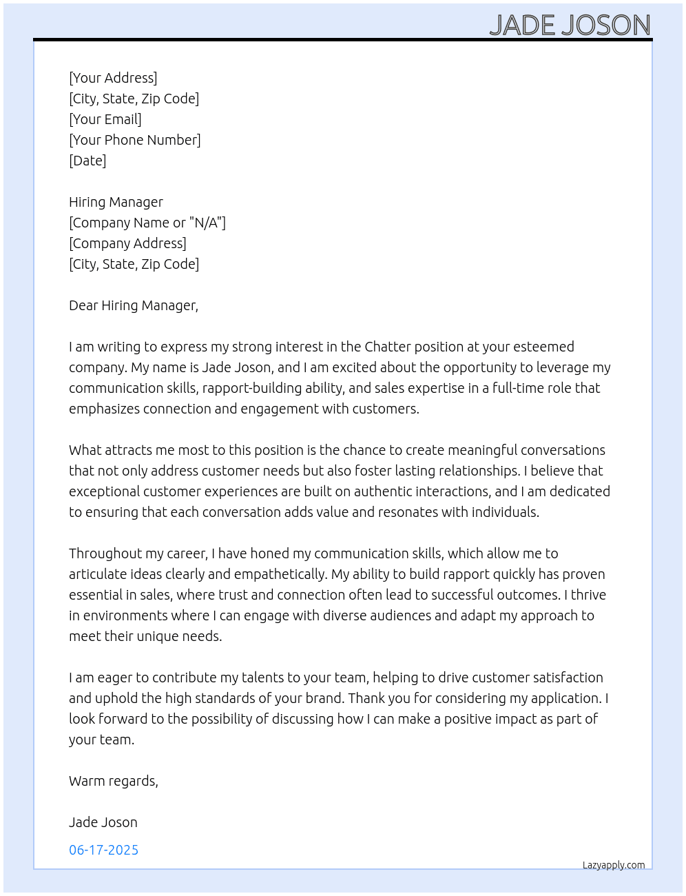 Chatter At N/A Cover Letter