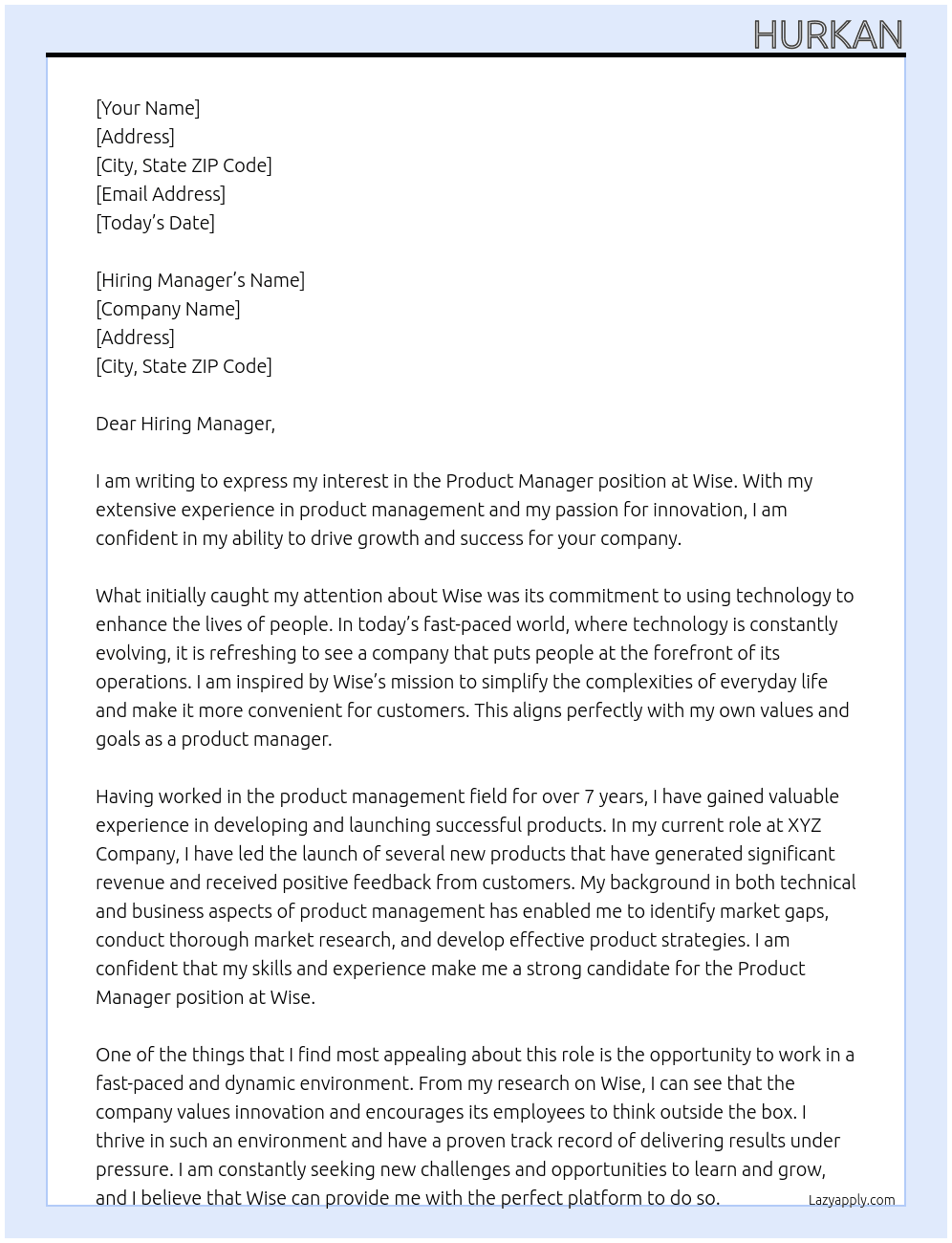 Product manager At Wise Cover Letter