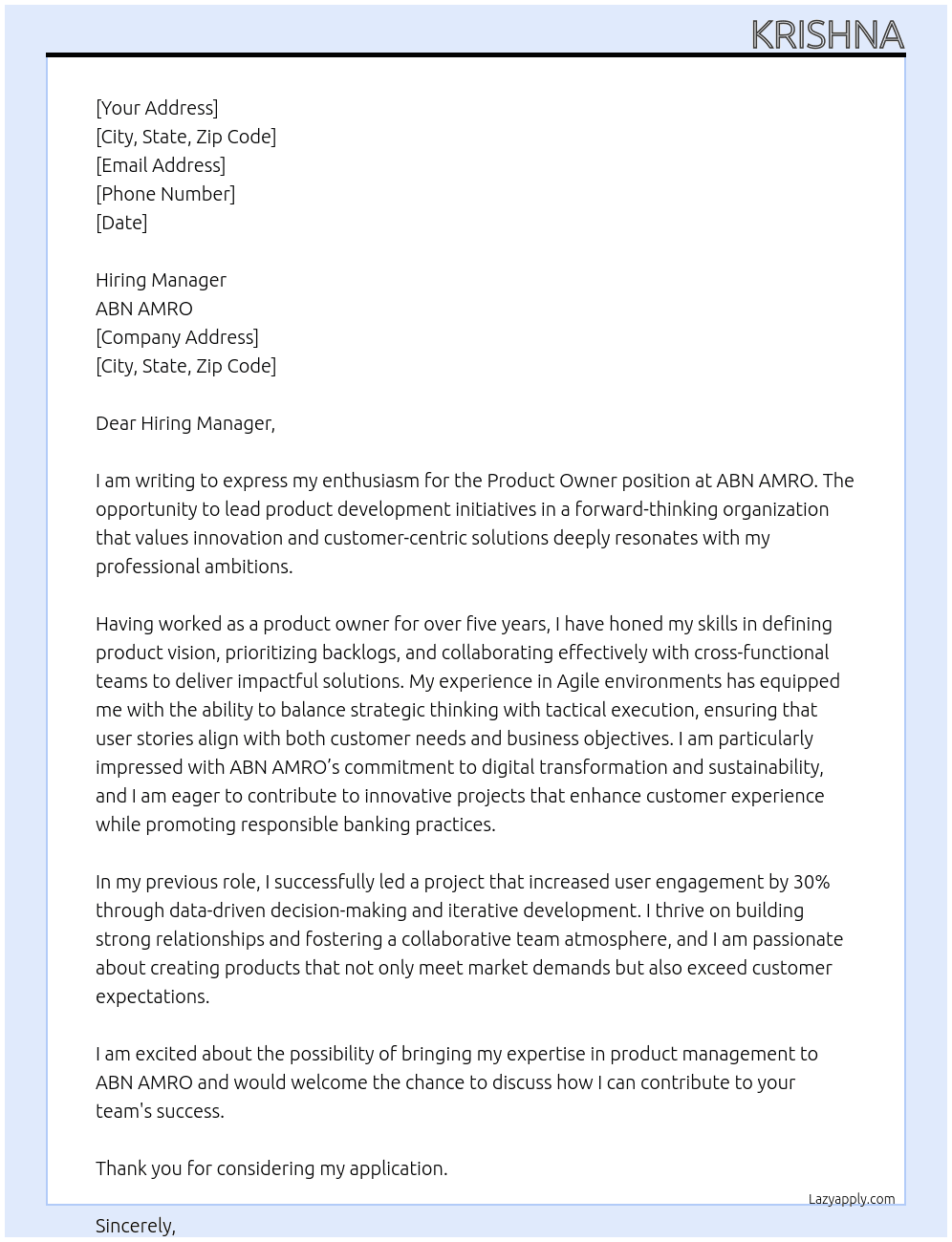 Product Owner At ABN AMRO Cover Letter