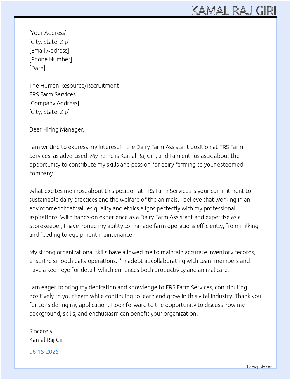 Dairy Farm Assistant At FRS Farm Services  Cover Letter