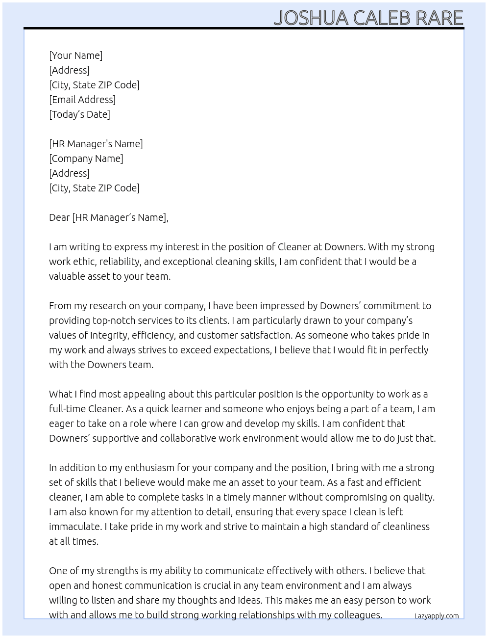 Cleaner At Downers  Cover Letter