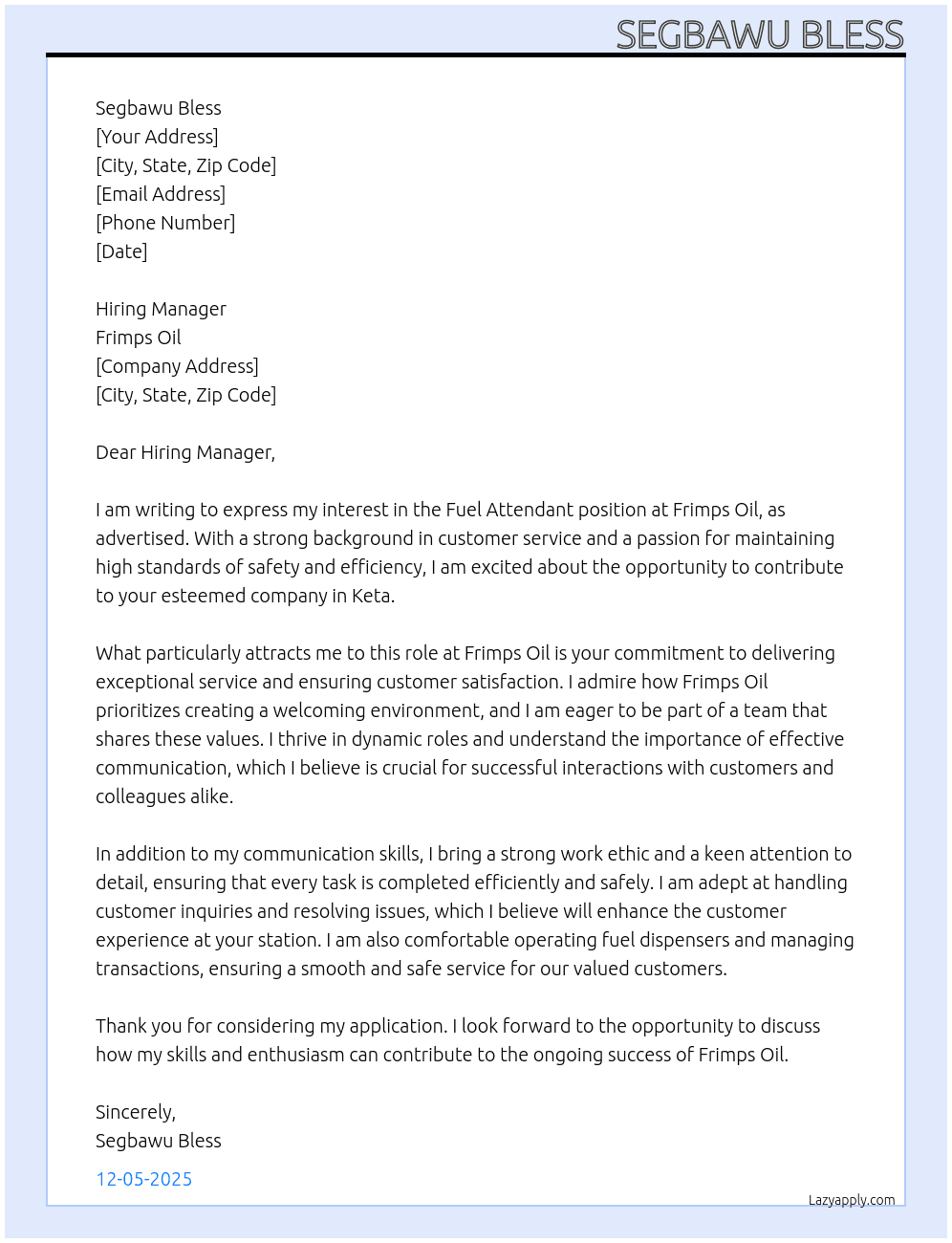 Cover letter for fuel attendant - LazyApply