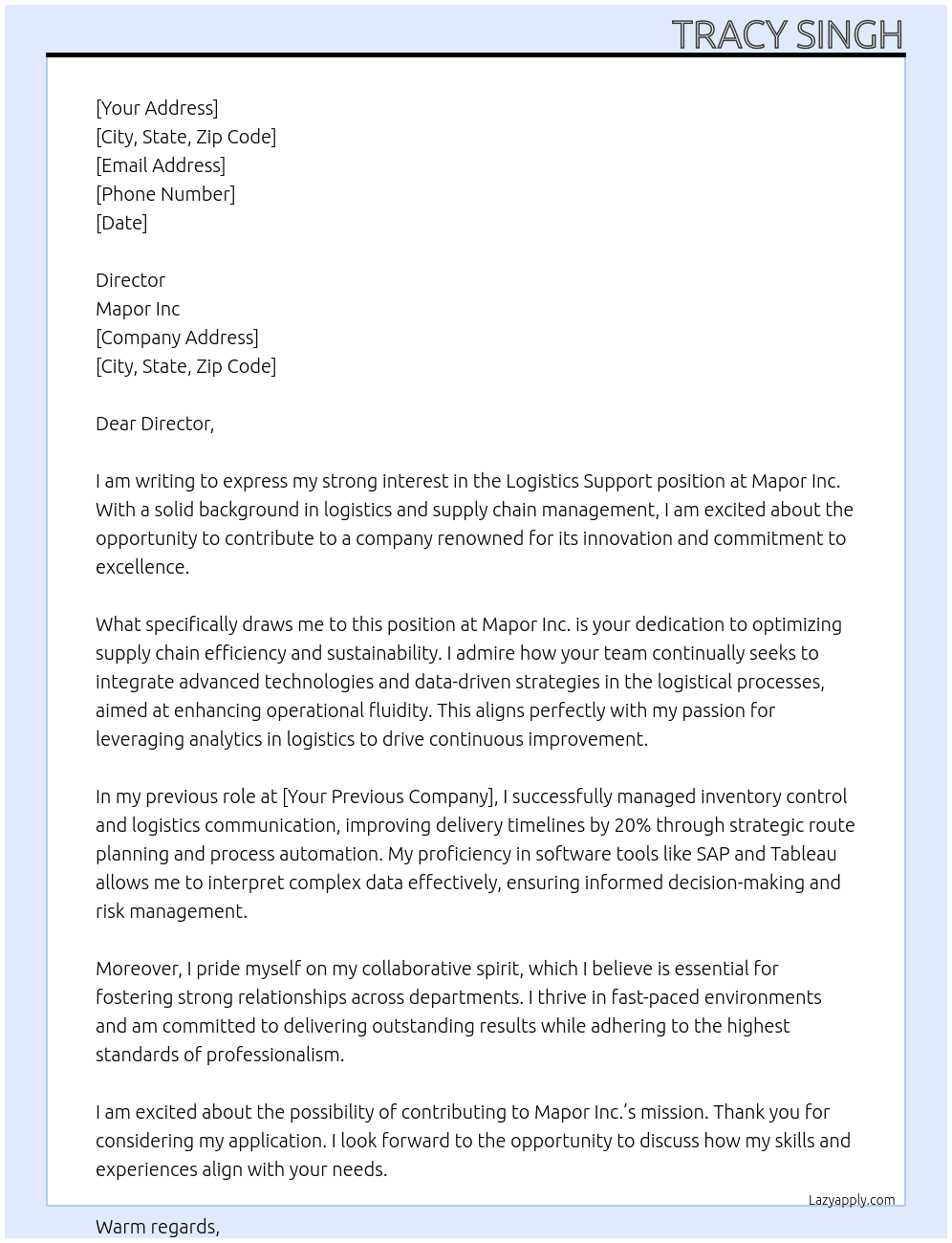 Logistics Support At Mapor Inc Cover Letter