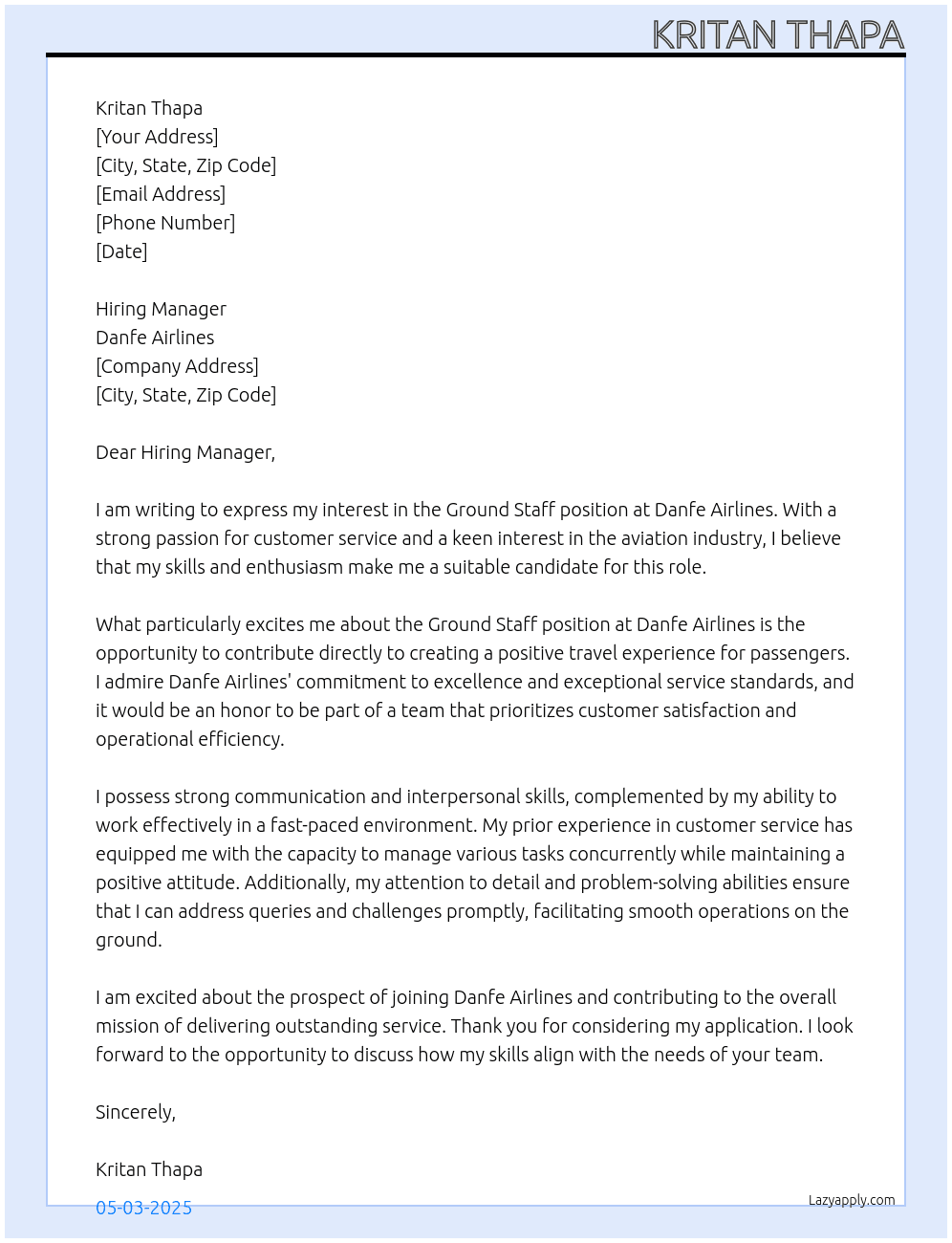Ground staff At Danfe airlines  Cover Letter