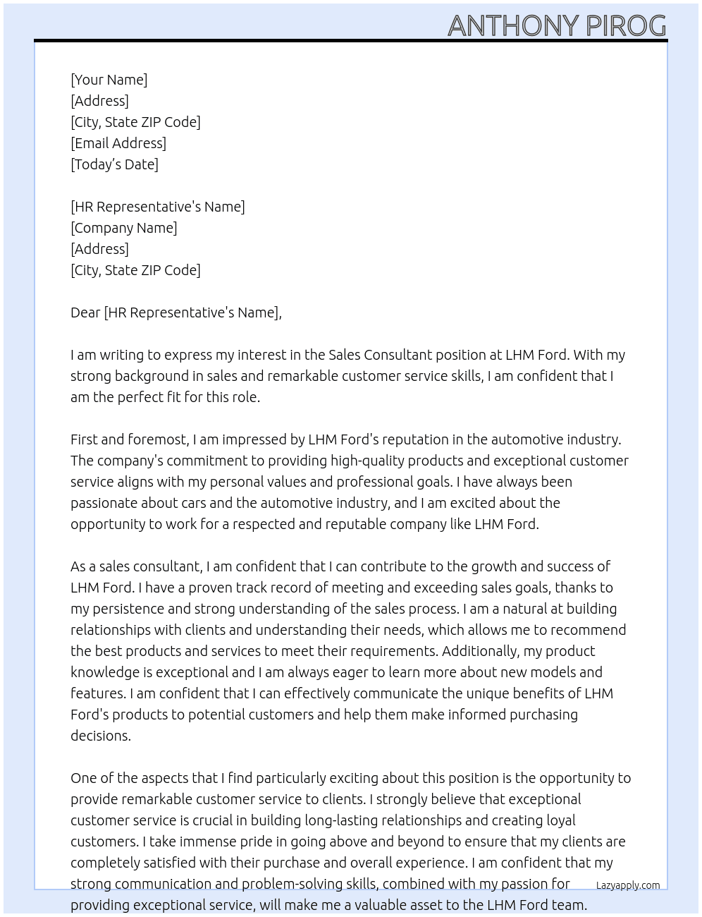 Sales Consultant At LHM Ford Cover Letter