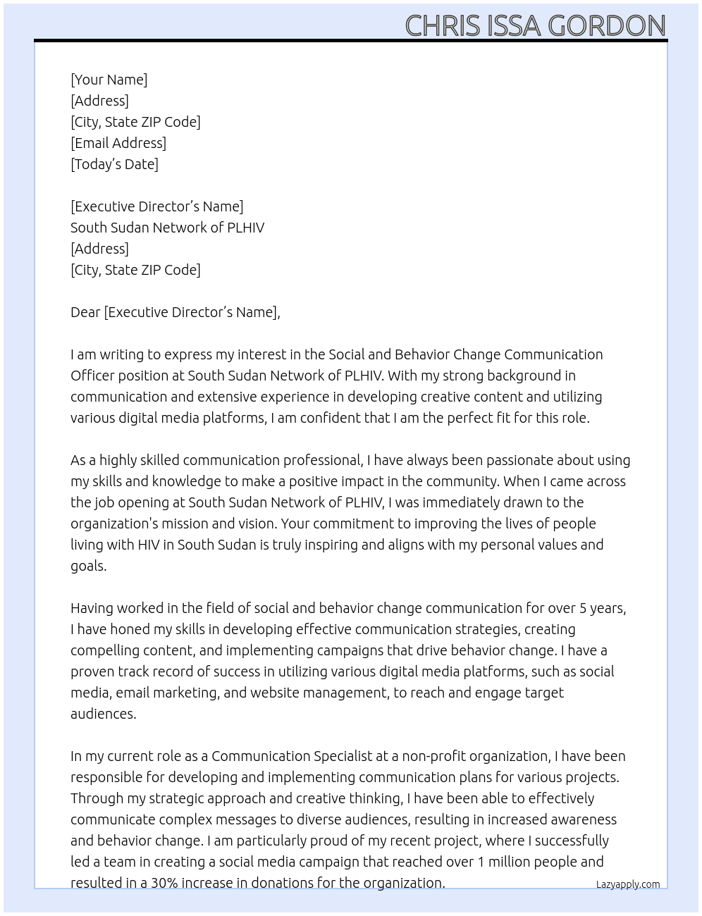 Cover letter for social and behavior change communication officer - LazyApply