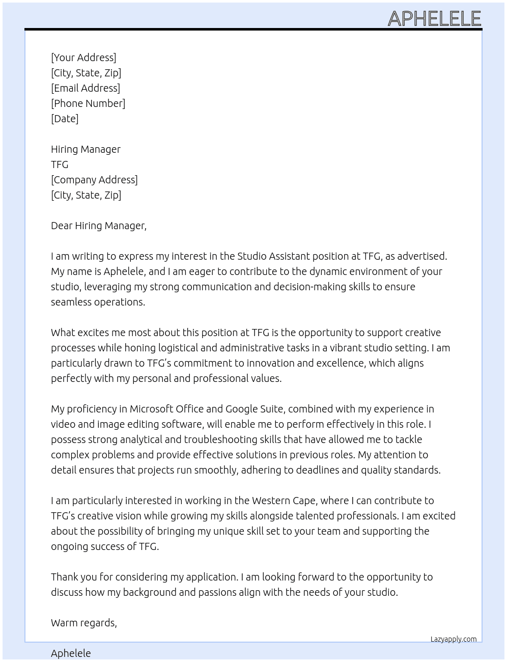 Studio assistant At TFG Cover Letter