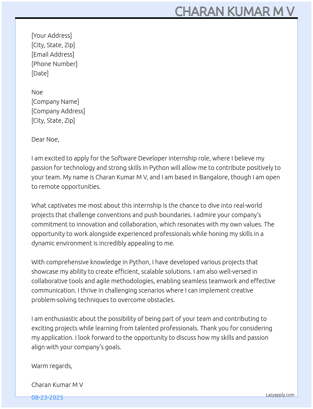 software developer At None Cover Letter