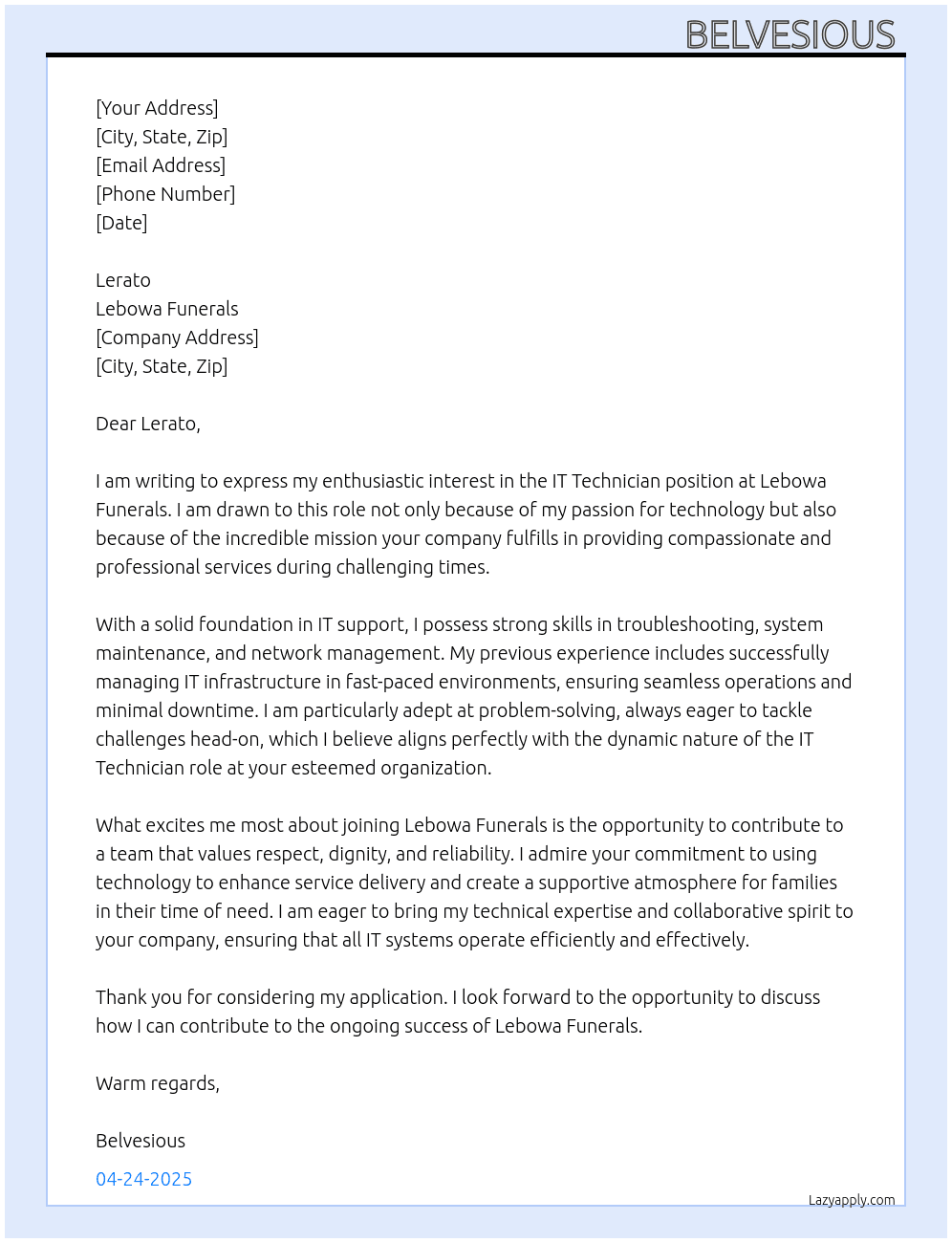 IT Technician  At Lebowa funerals Cover Letter