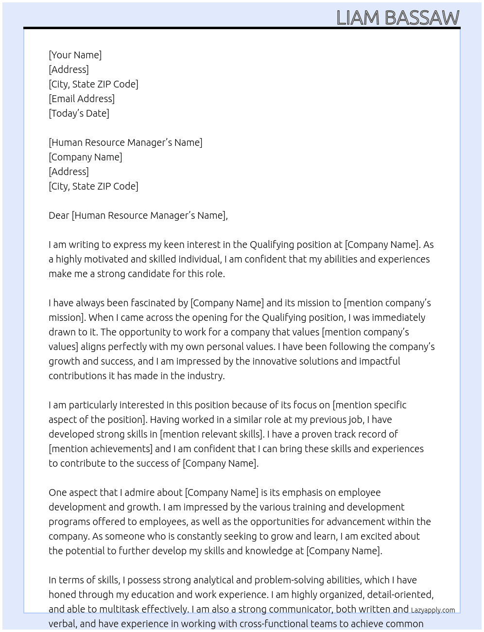Qualifying At To whom it may concern  Cover Letter