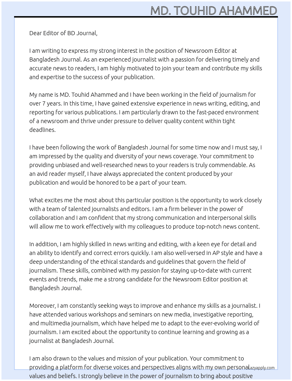 Newsroom Editor At Bangladesh Journal  Cover Letter