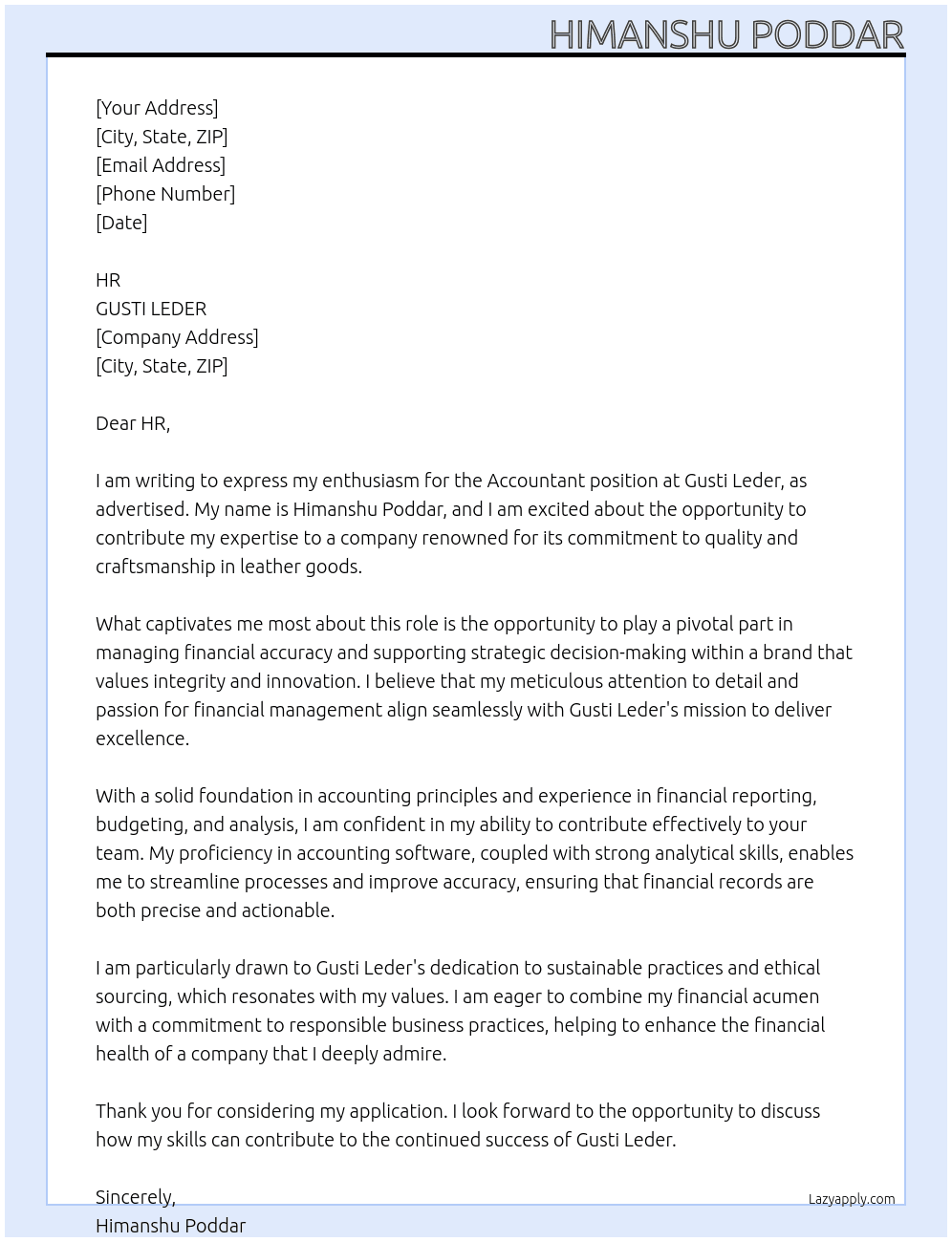 ACCOUNTANT At GUSTI LEDER Cover Letter