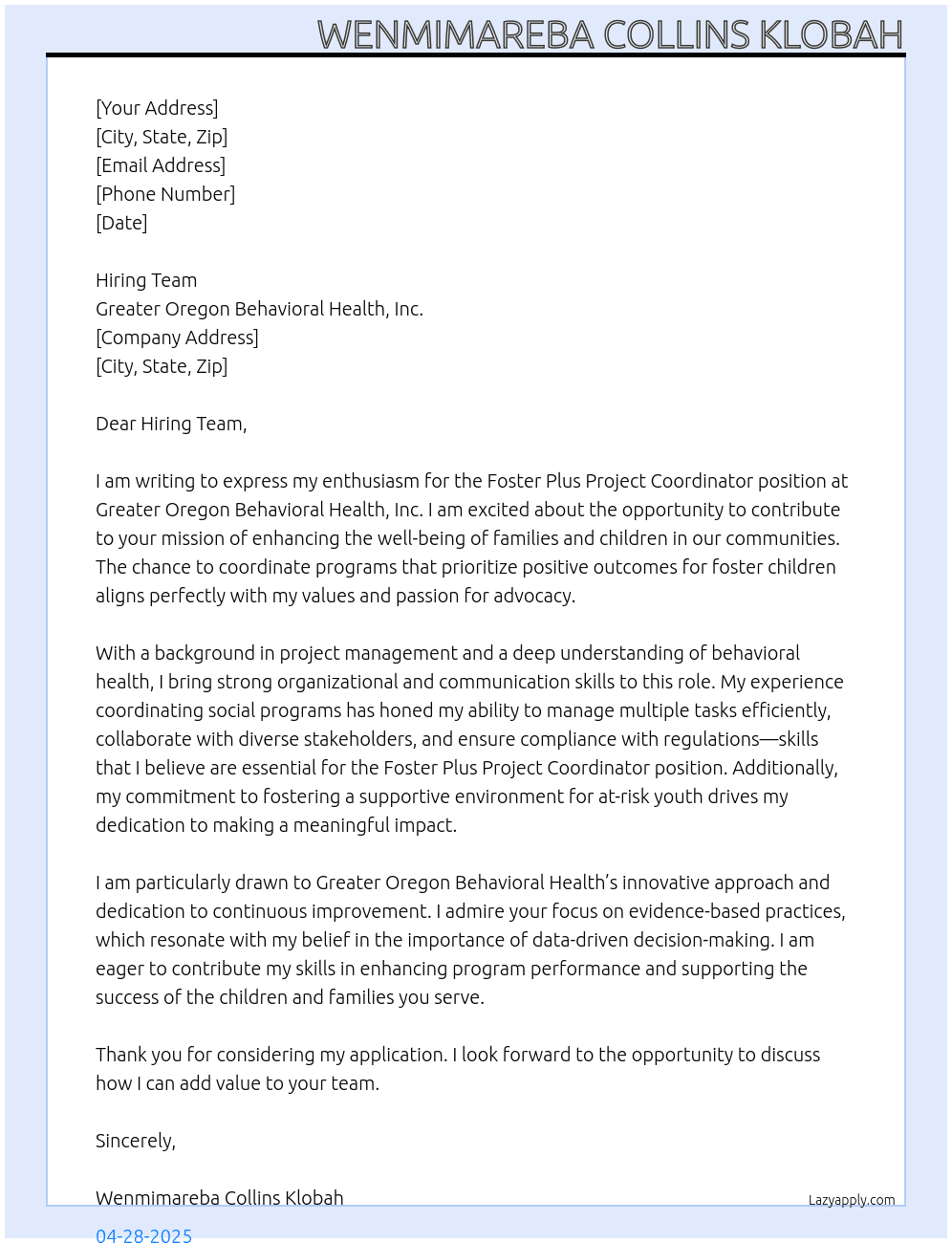 Cover letter for foster plus project coordinator - LazyApply