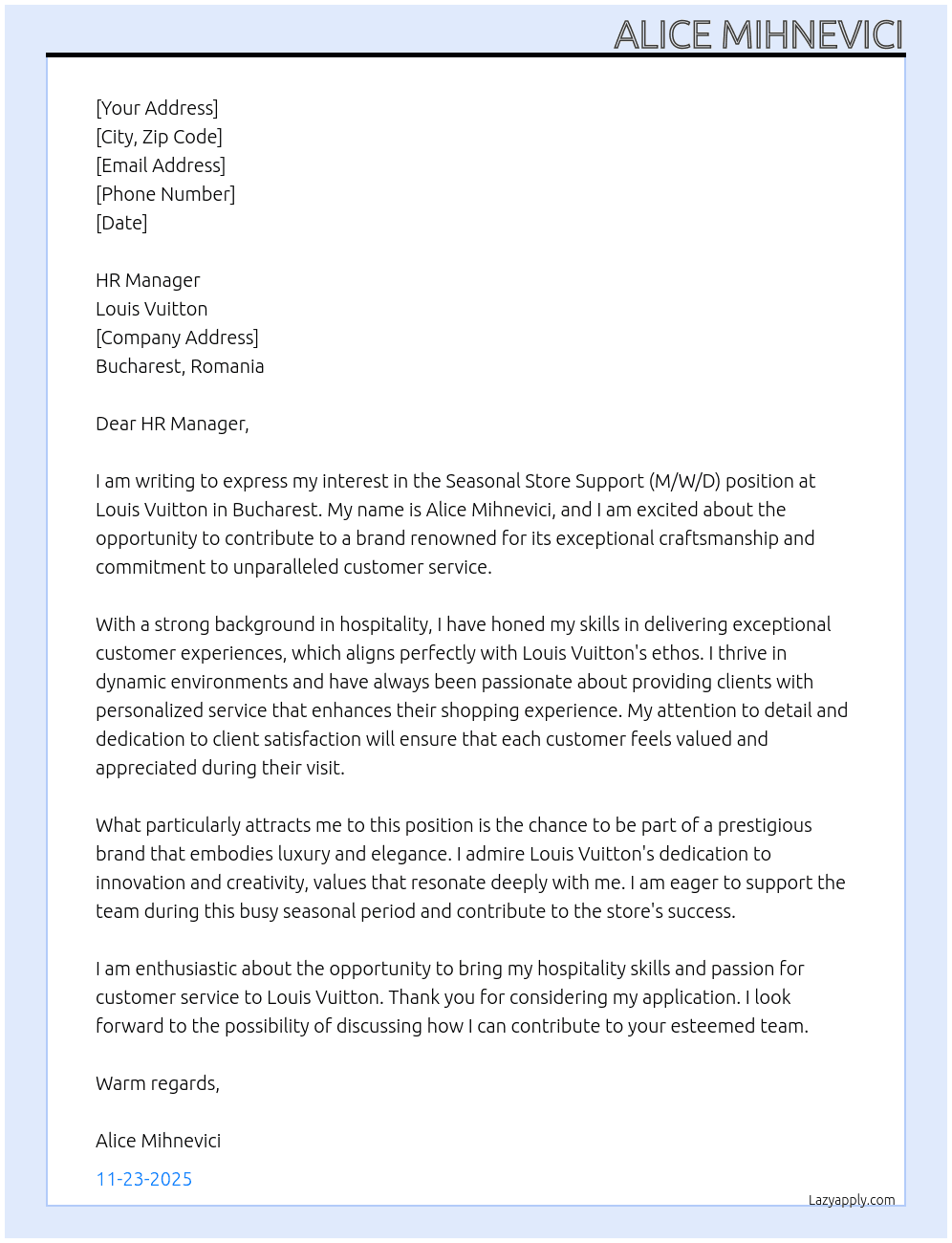 Seasonal Store Support (M/W/D) At Louis Vuitton Cover Letter