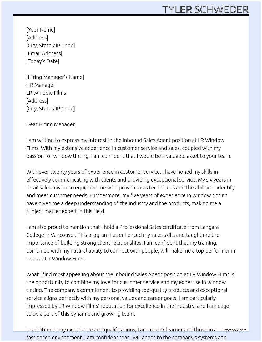 Inbound Sales Agent At LR Window Films Cover Letter