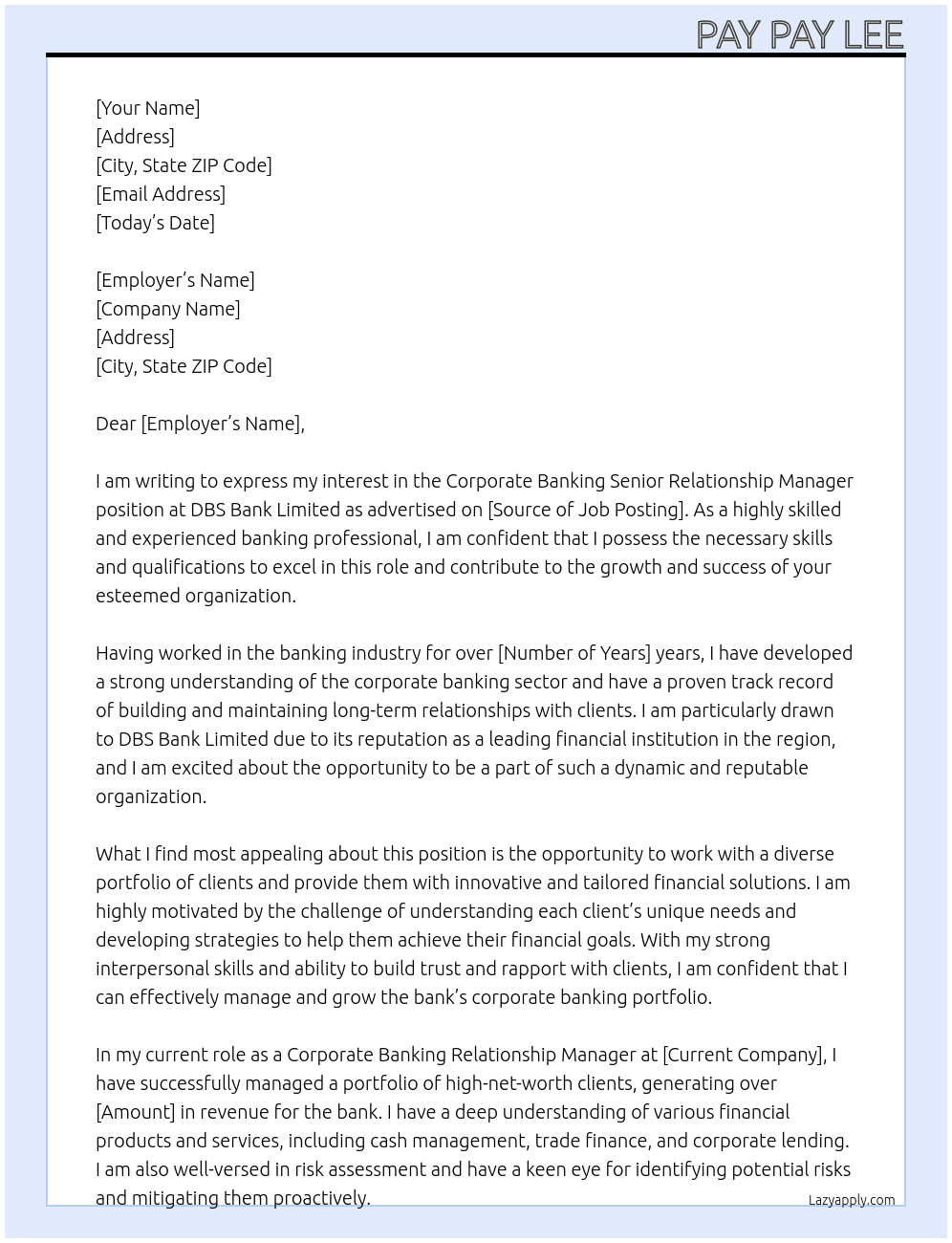 Corporate Banking Senior Relationshion Manager At DBS Bank Limited Cover Letter