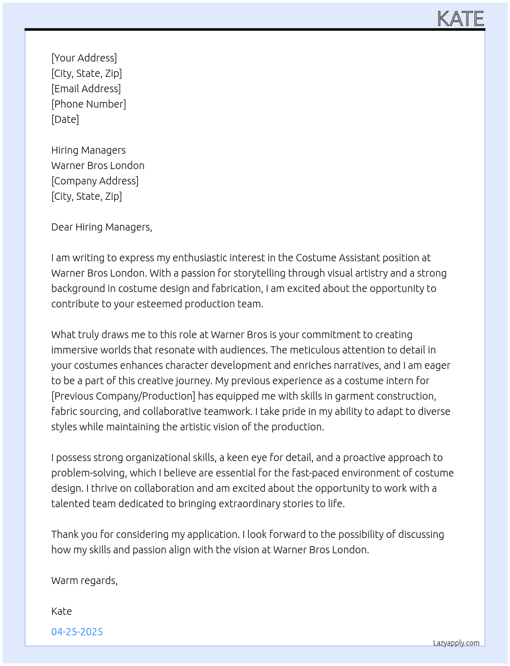 Cover letter for costume assistant work experience - LazyApply